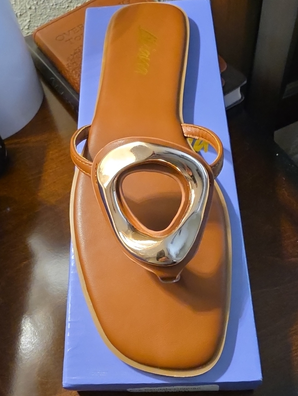 Liliana Tan Sandal with Gold Ring Accent